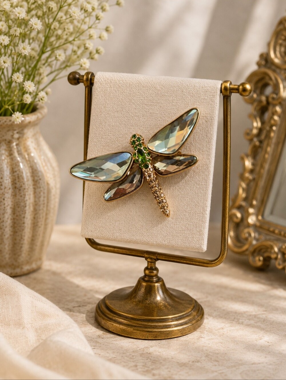 Crystal Dragonfly Brooch with Green Accents